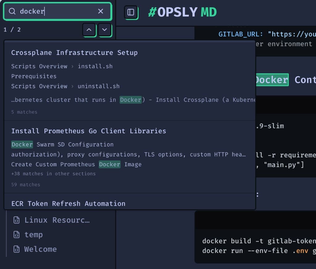 Opsly MD search with results for docker across notes and sections