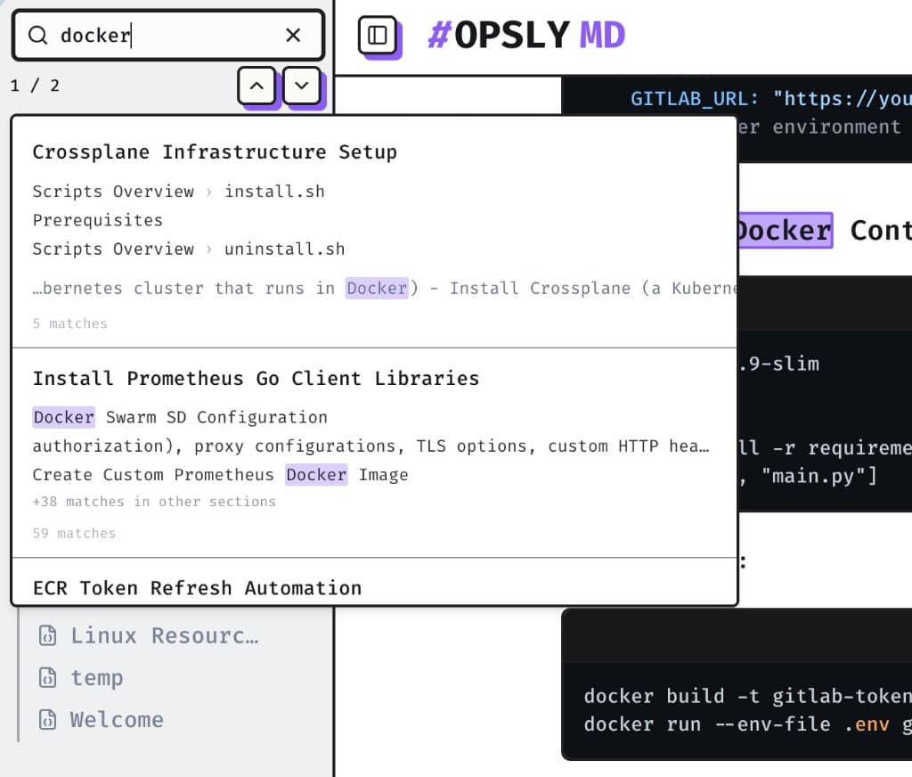 Opsly MD search with results for docker across notes and sections